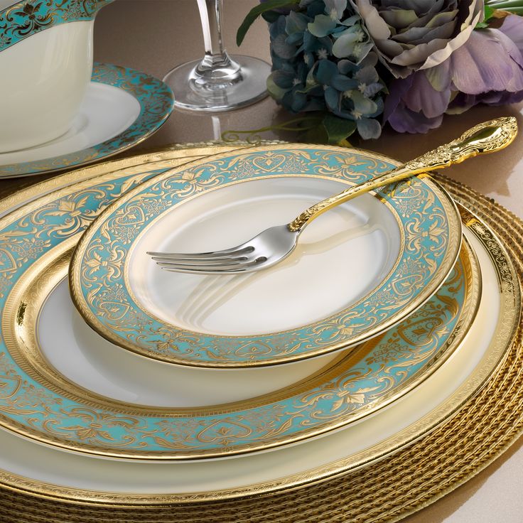 Luxury Teal & Gold Dinnerware Set