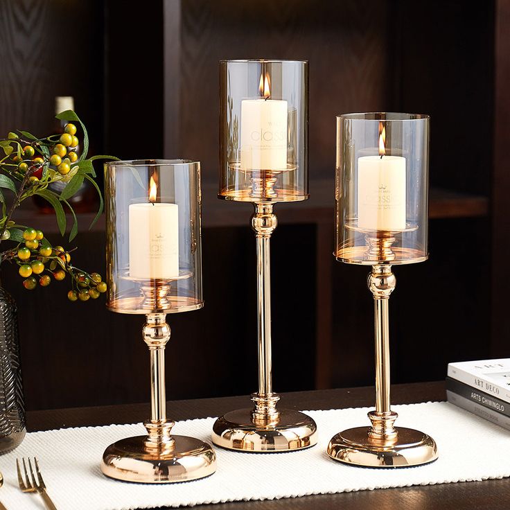 Gold & Glass Hurricane Candle Holder Set (3)